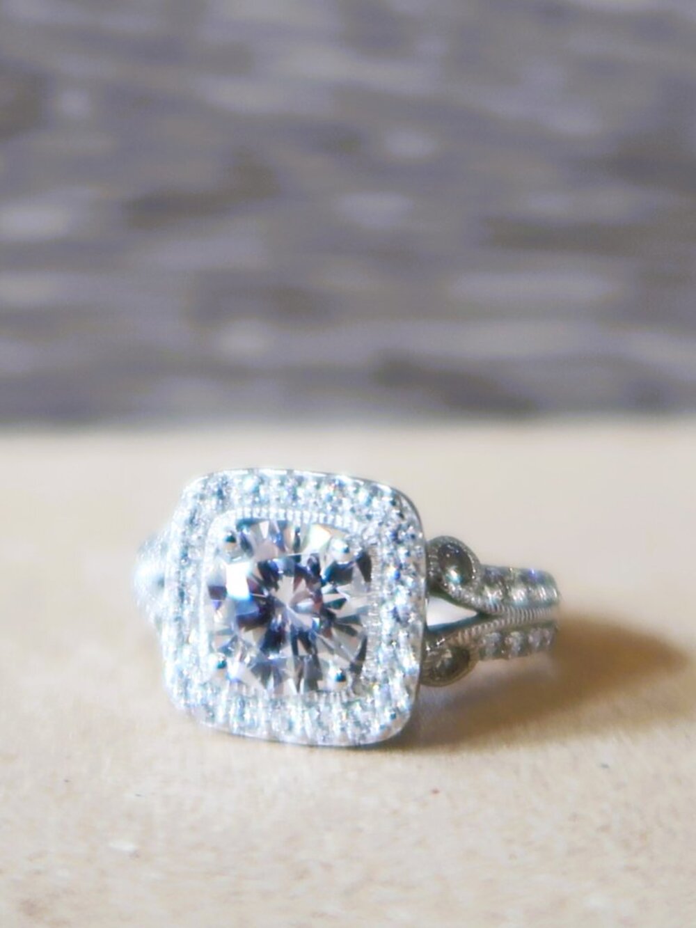 Bling It - 925 Sterling Silver Split Shank Cushion Halo CZ Engagement Ring